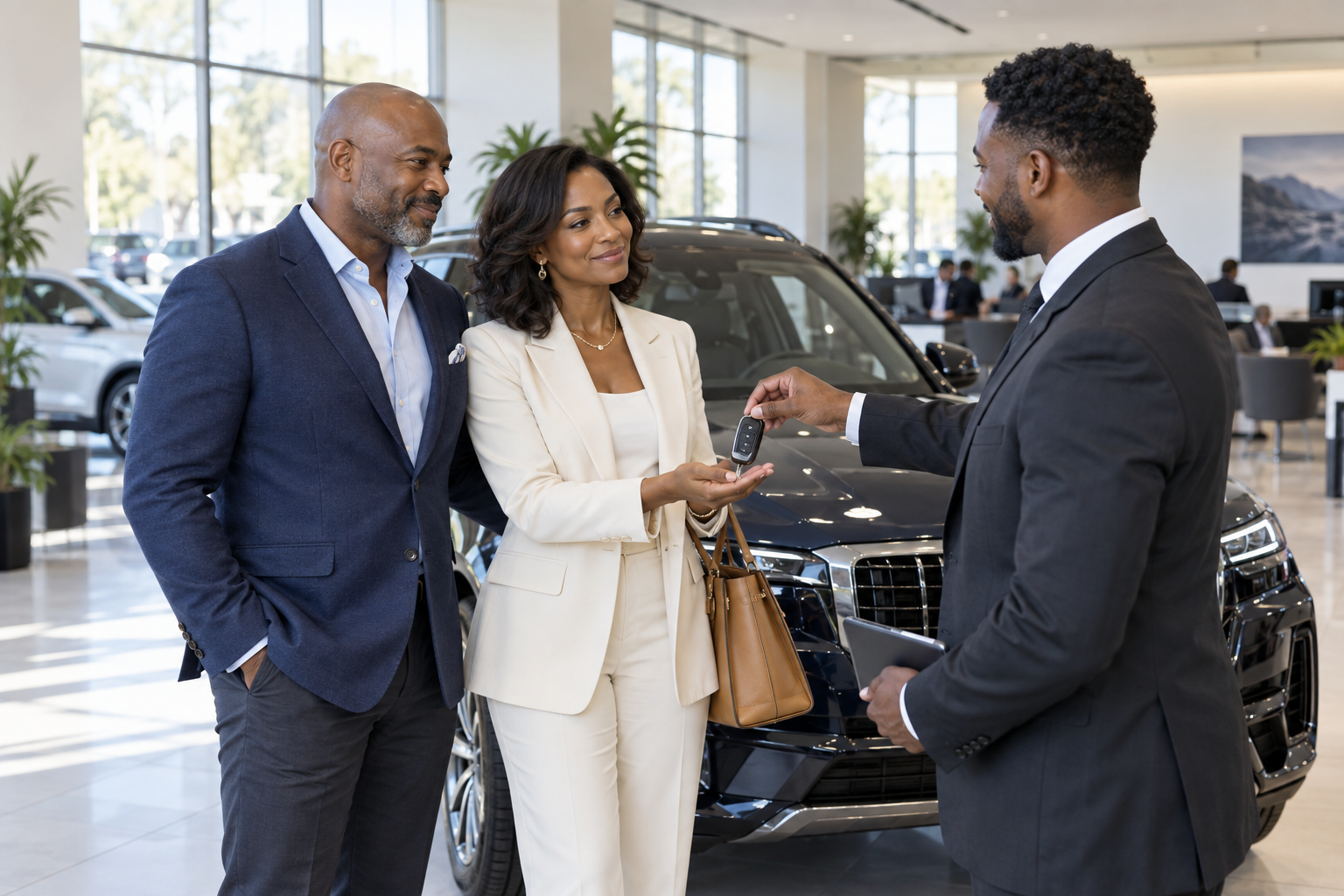 A confident, well-dressed couple receiving the keys to their new vehicle