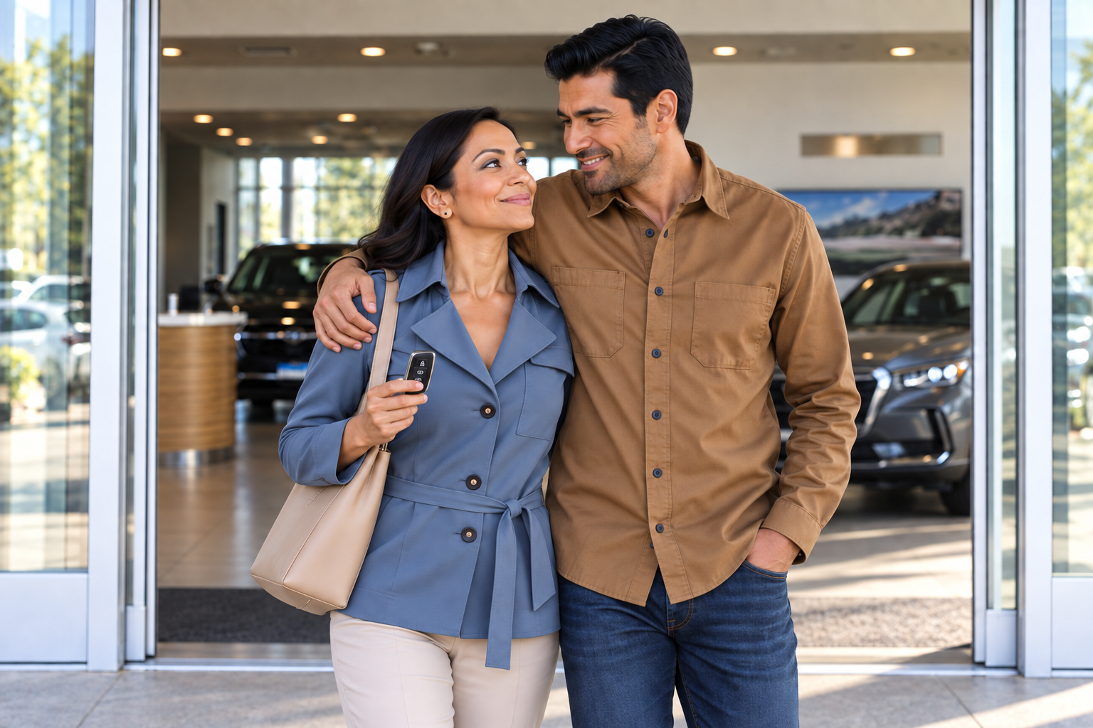 A happy Hispanic couple leaving a dealership together, looking at each other while she holds their new car key fob