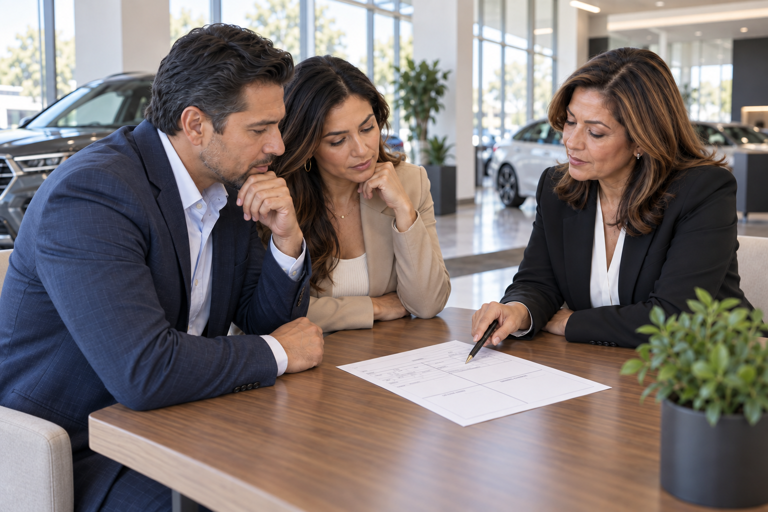 A couple reviewing a four-square dealership deal sheet with a manager