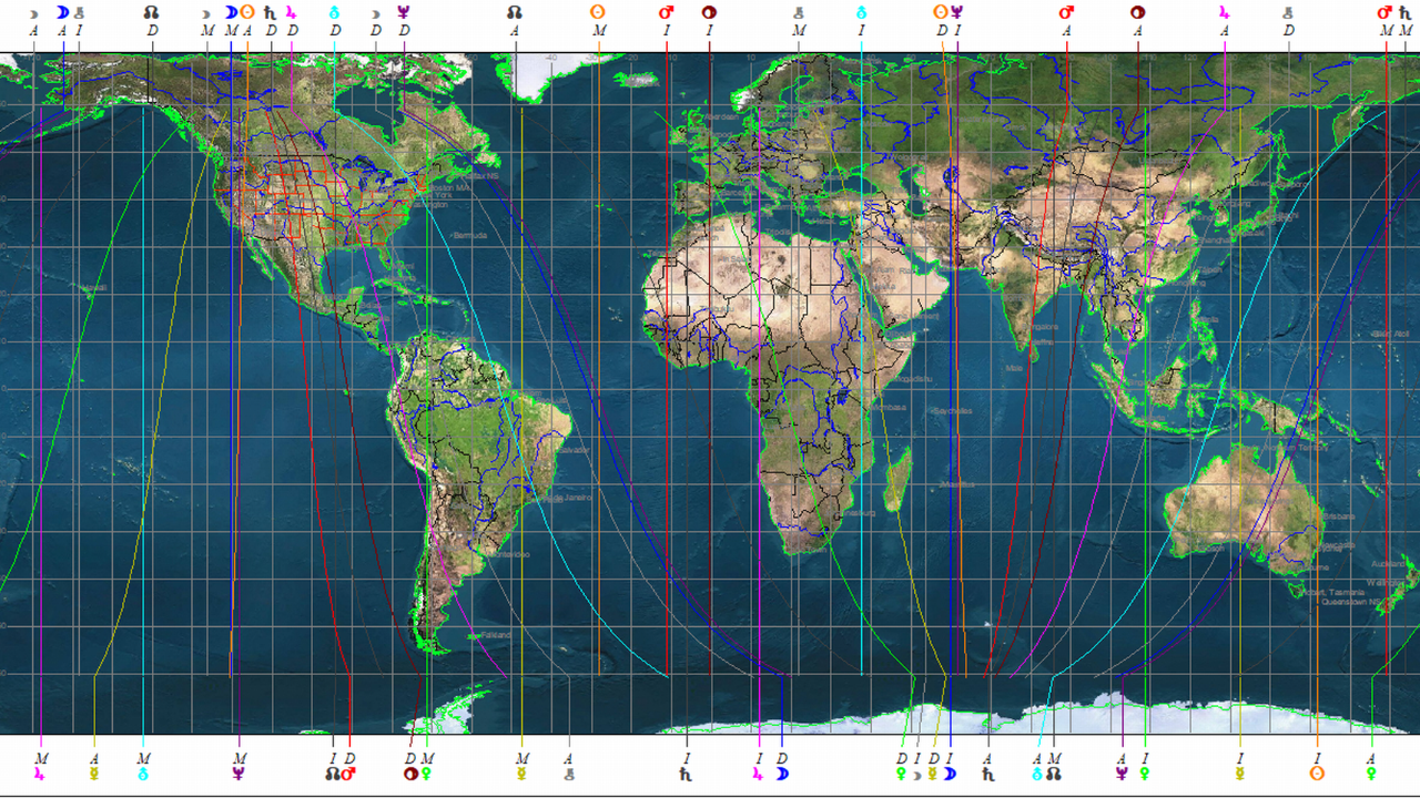 Astrocartography world map showing planetary lines, astrological symbols, and geographic locations
