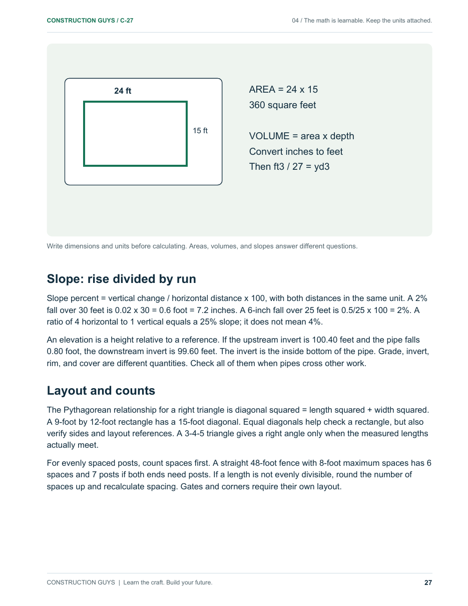 Actual C-27 Landscaping book sample: Work through landscape math step by step