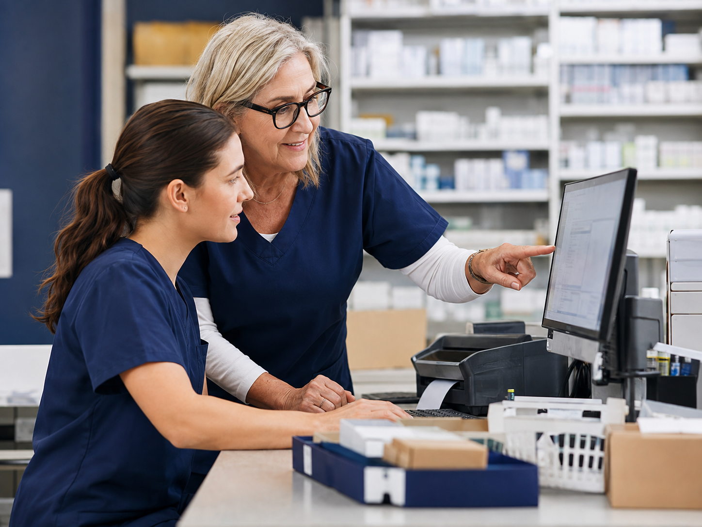 Pharmacy professional guiding an adult learner at a training workstation