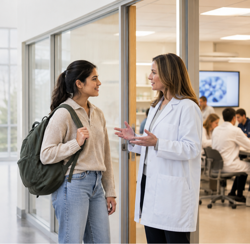 Student speaking with an instructor in a training environment