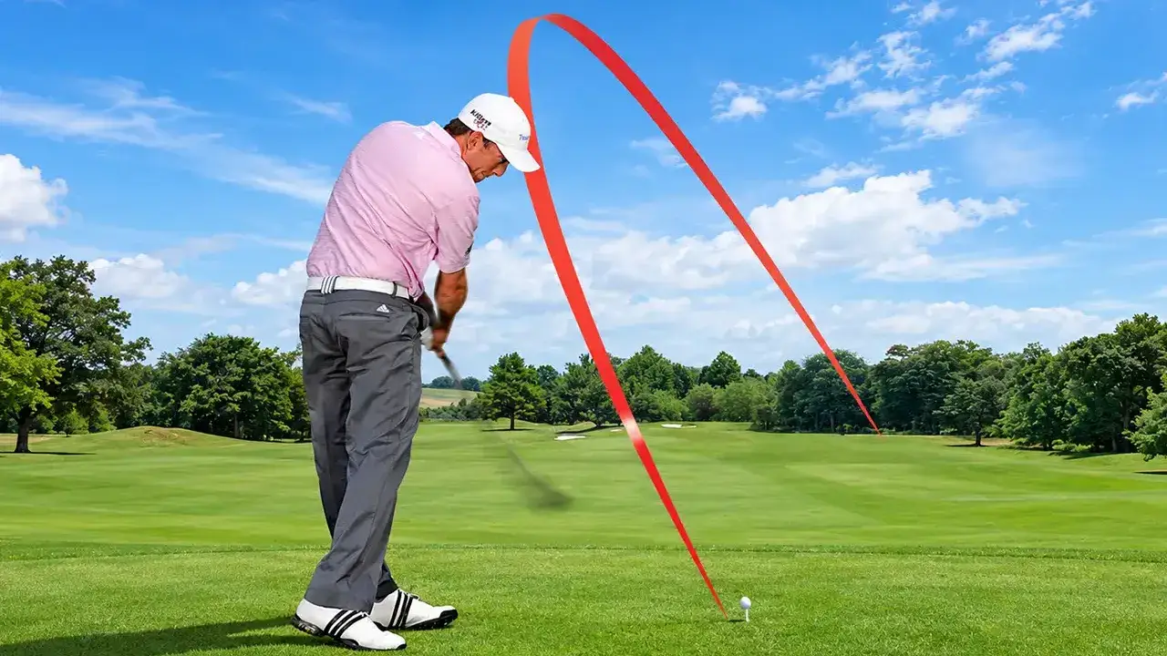 Golfer with red curved line showing a slicing ball flight path