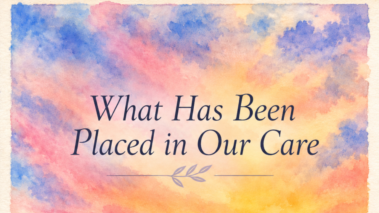 Watercolor sunset over the ocean with seated woman looking towards the horizon for What Has Been Placed in Our Care