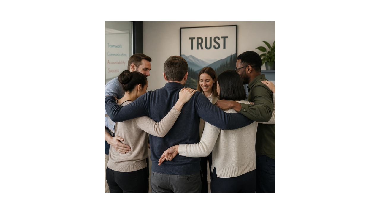 Huddle coworkers with fingers crossed behind her back
