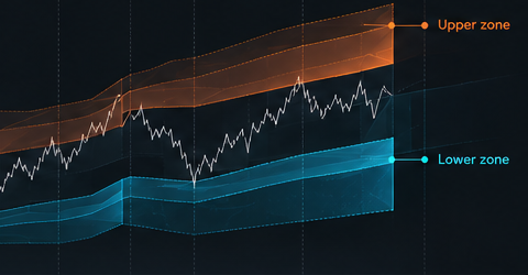 Concept illustration of orange upper zones and cyan lower zones around an abstract price line. This illustration is separate from the historical NVDA chart below.