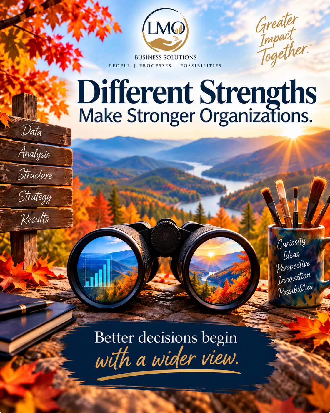 Binoculars showing analytical and creative perspectives to illustrate better decision-making through a wider view.