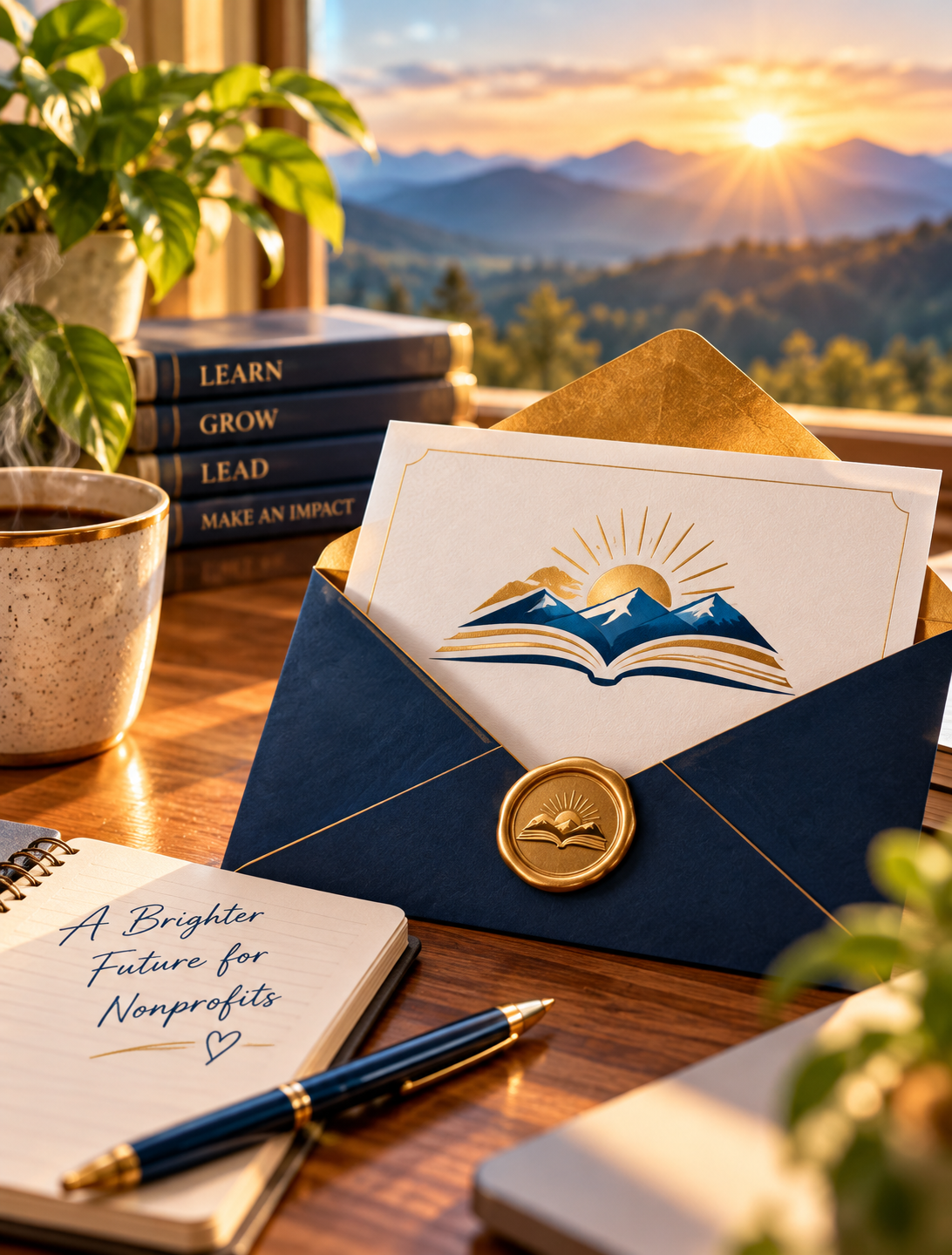 An elegant navy-and-gold invitation featuring the LMO Learning Academy mountain and open-book emblem, resting on a desk with books, a notebook, and coffee overlooking sunlit mountains.