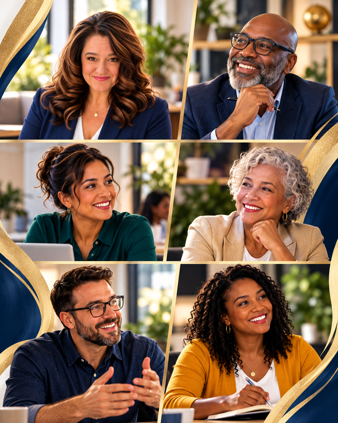 Six nonprofit professionals from diverse backgrounds and generations, featured in a navy-and-gold portrait collage representing different leadership perspectives.