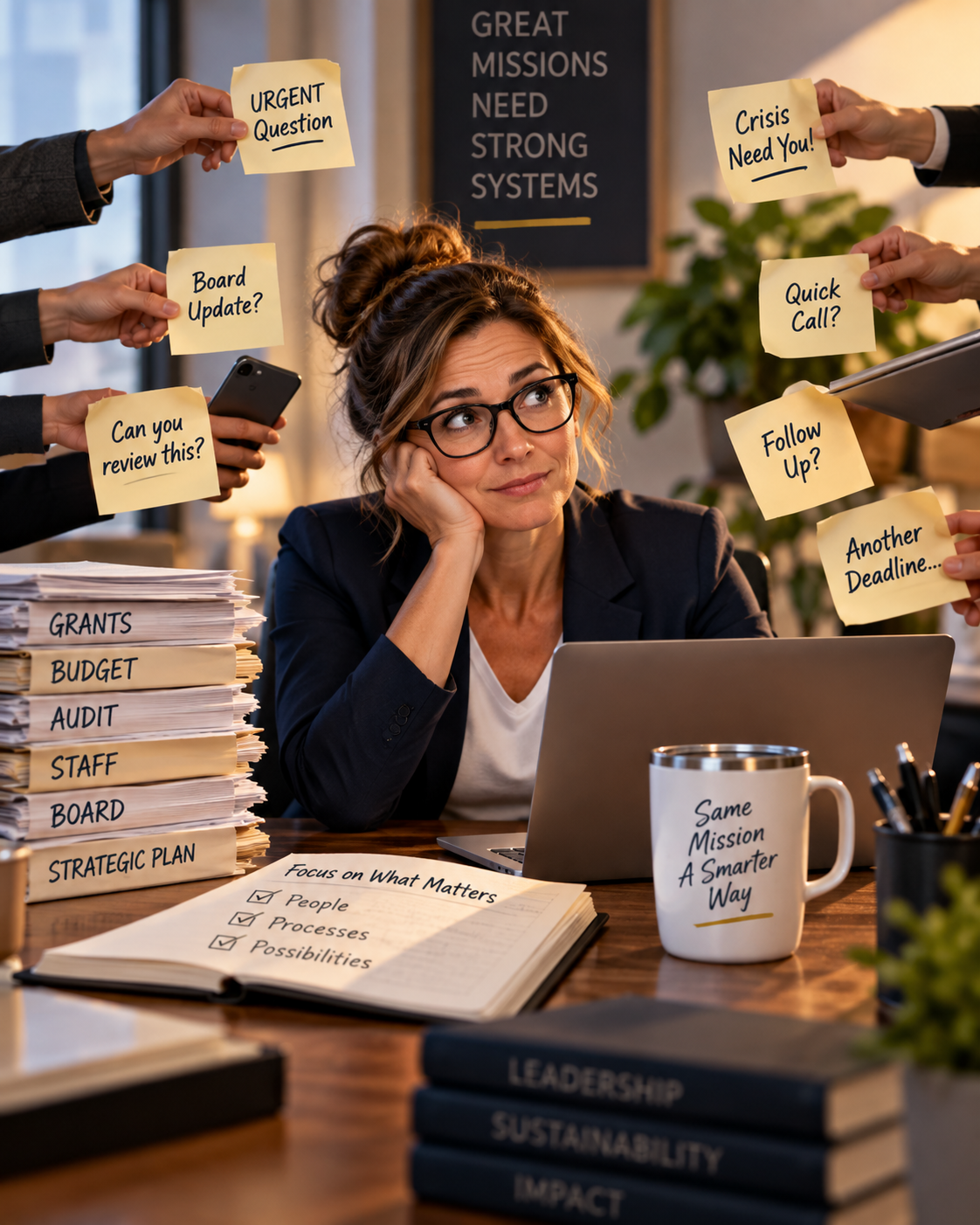 Overwhelmed nonprofit leader surrounded by urgent requests, deadlines, and competing priorities, illustrating the risks of organizational dependency on one person.