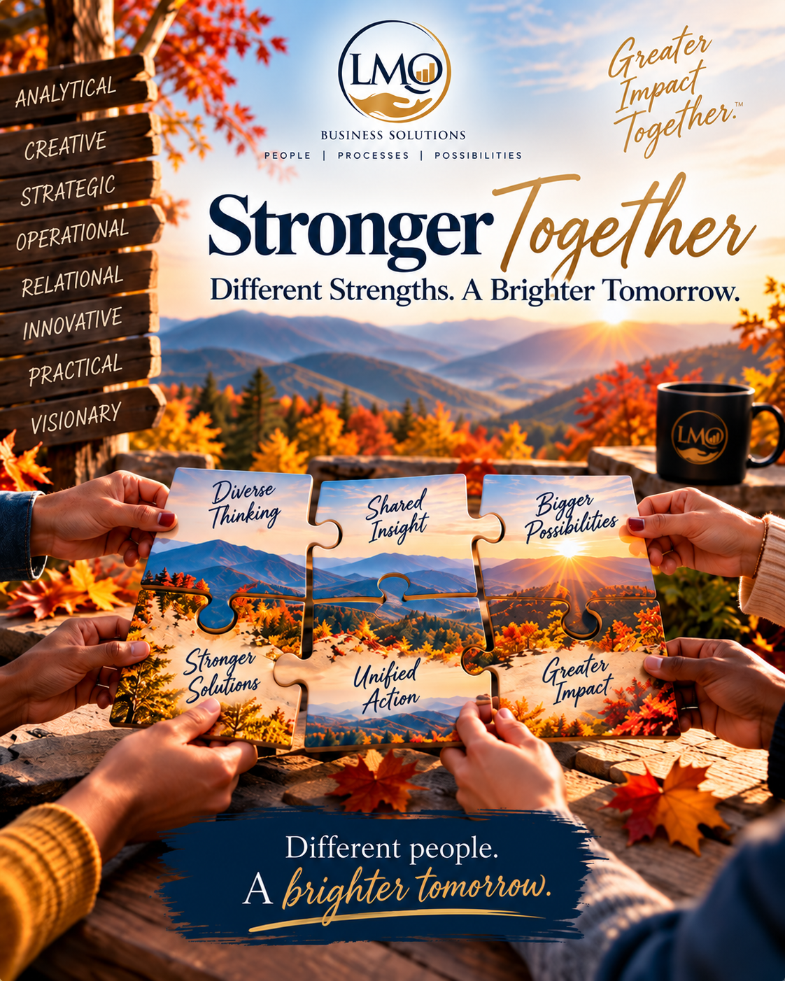 Puzzle pieces joining different strengths and perspectives to illustrate collaboration and greater organizational impact.
