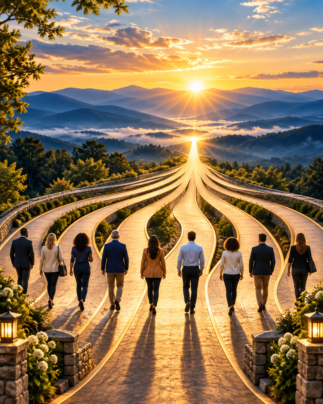 Ten nonprofit professionals walking along golden pathways that converge toward a radiant sunrise over blue mountains, symbolizing diverse perspectives coming together for one shared mission.