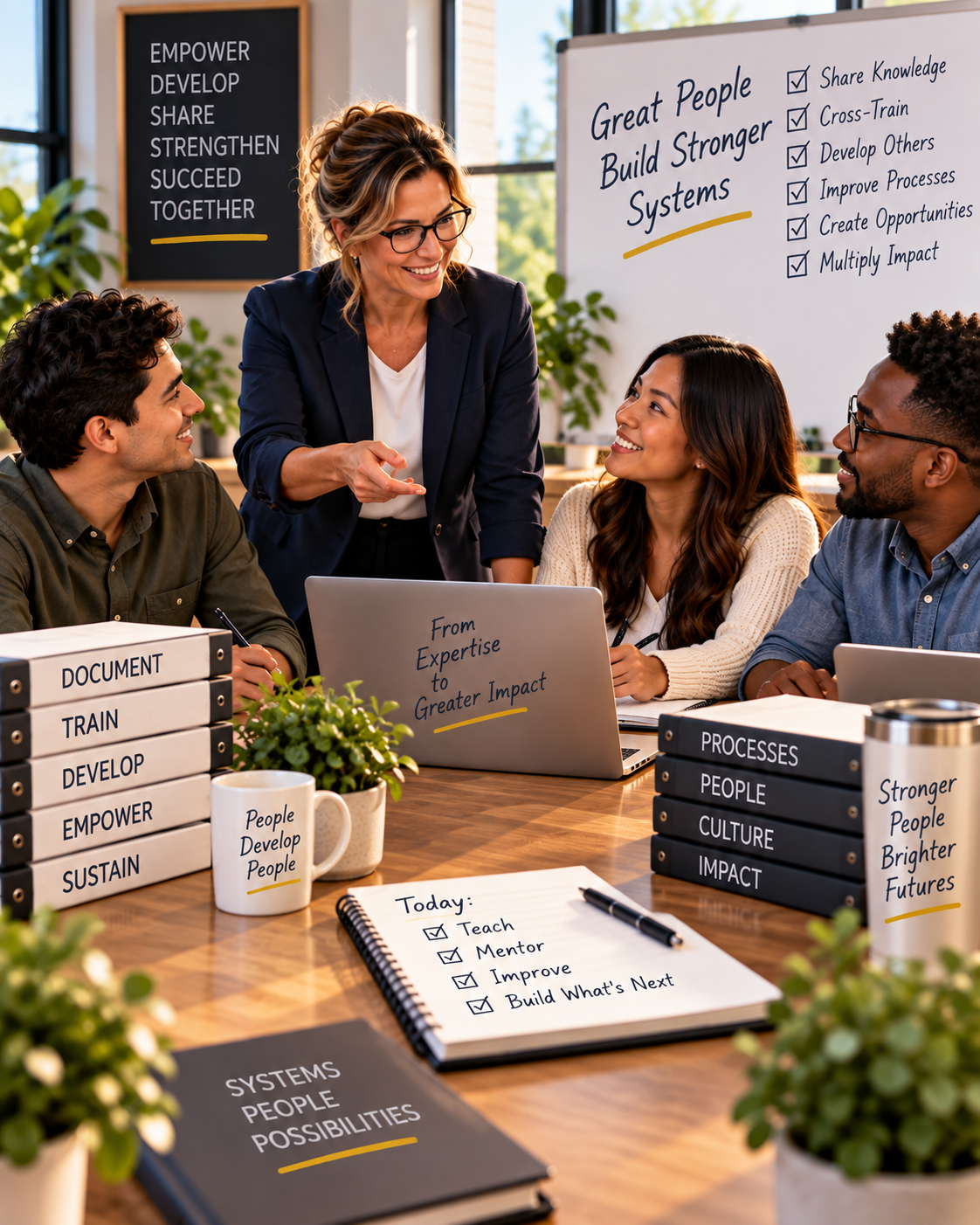 Leader mentoring a collaborative team as they share knowledge, cross-train, and develop others, illustrating how great people build stronger systems