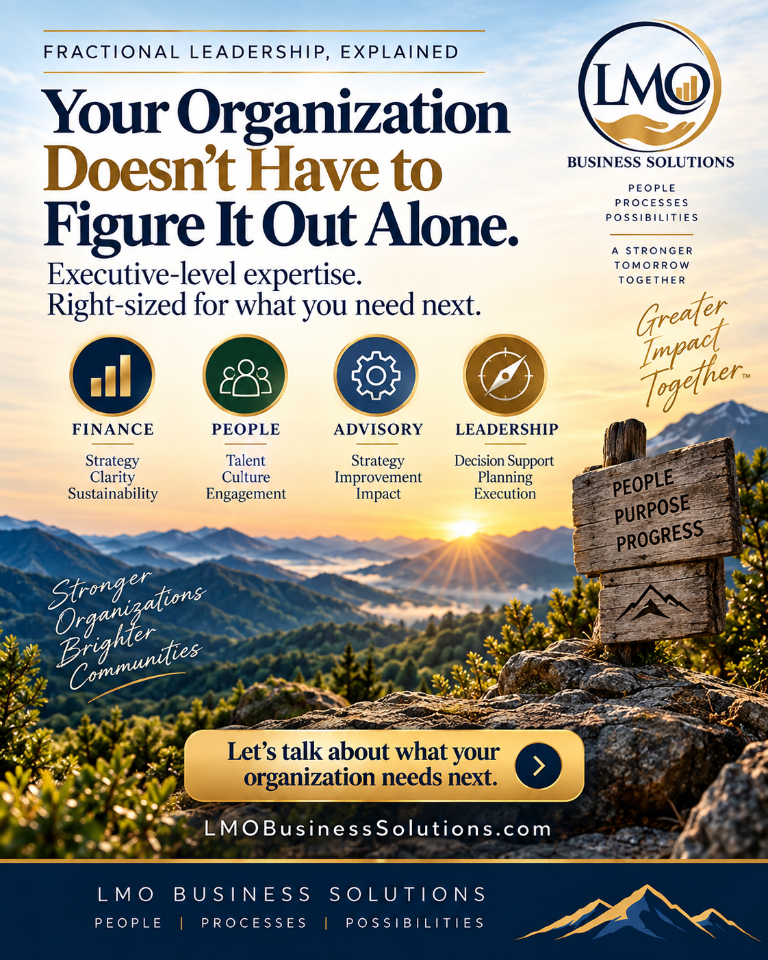 LMO Business Solutions graphic showing fractional leadership support across finance, people, advisory, and leadership, with an invitation to explore what an organization needs next.