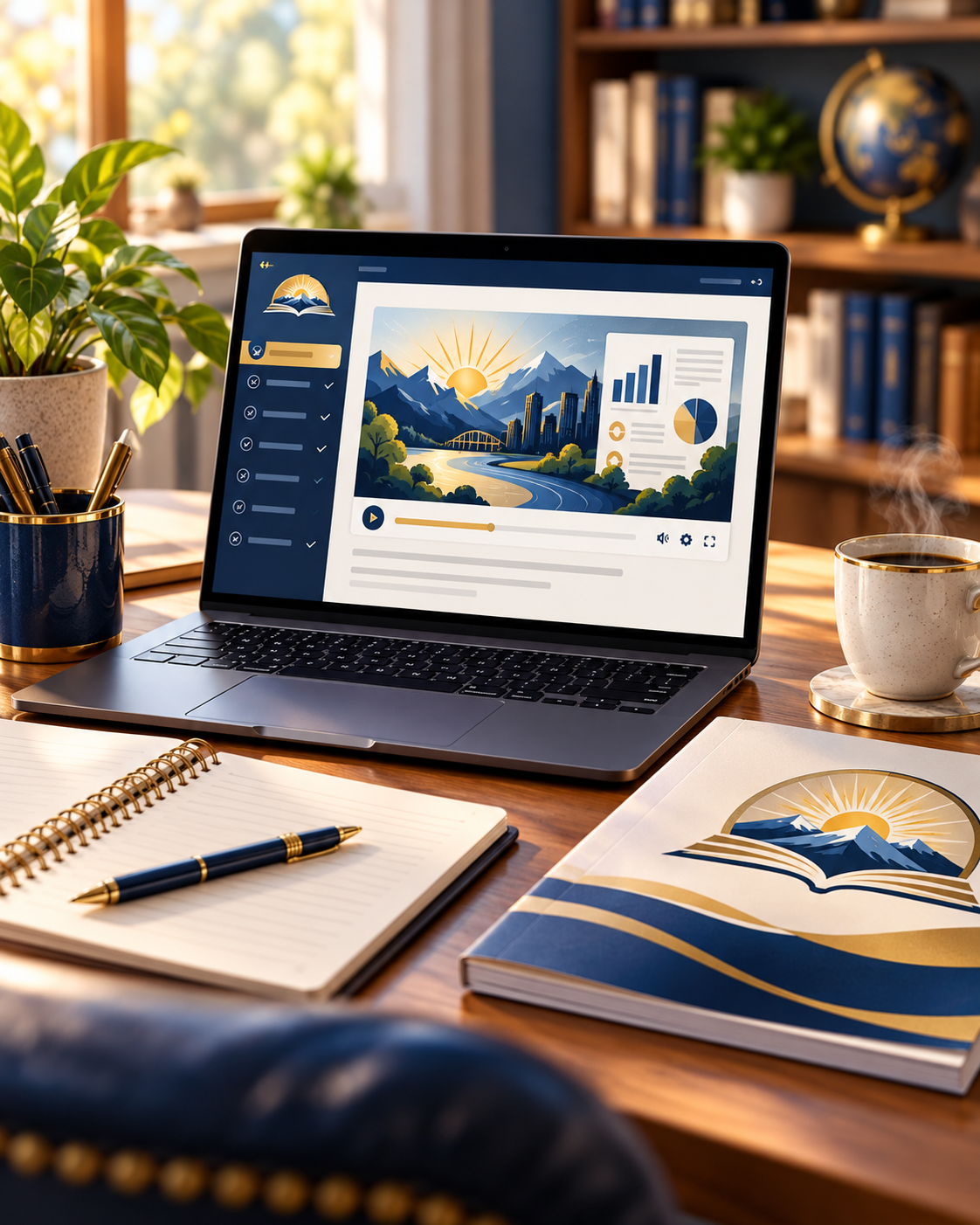 A welcoming learning workspace featuring a laptop displaying an LMO Learning Academy financial lesson, a digital Companion Guide, notebook, and coffee in a warm, sunlit setting.