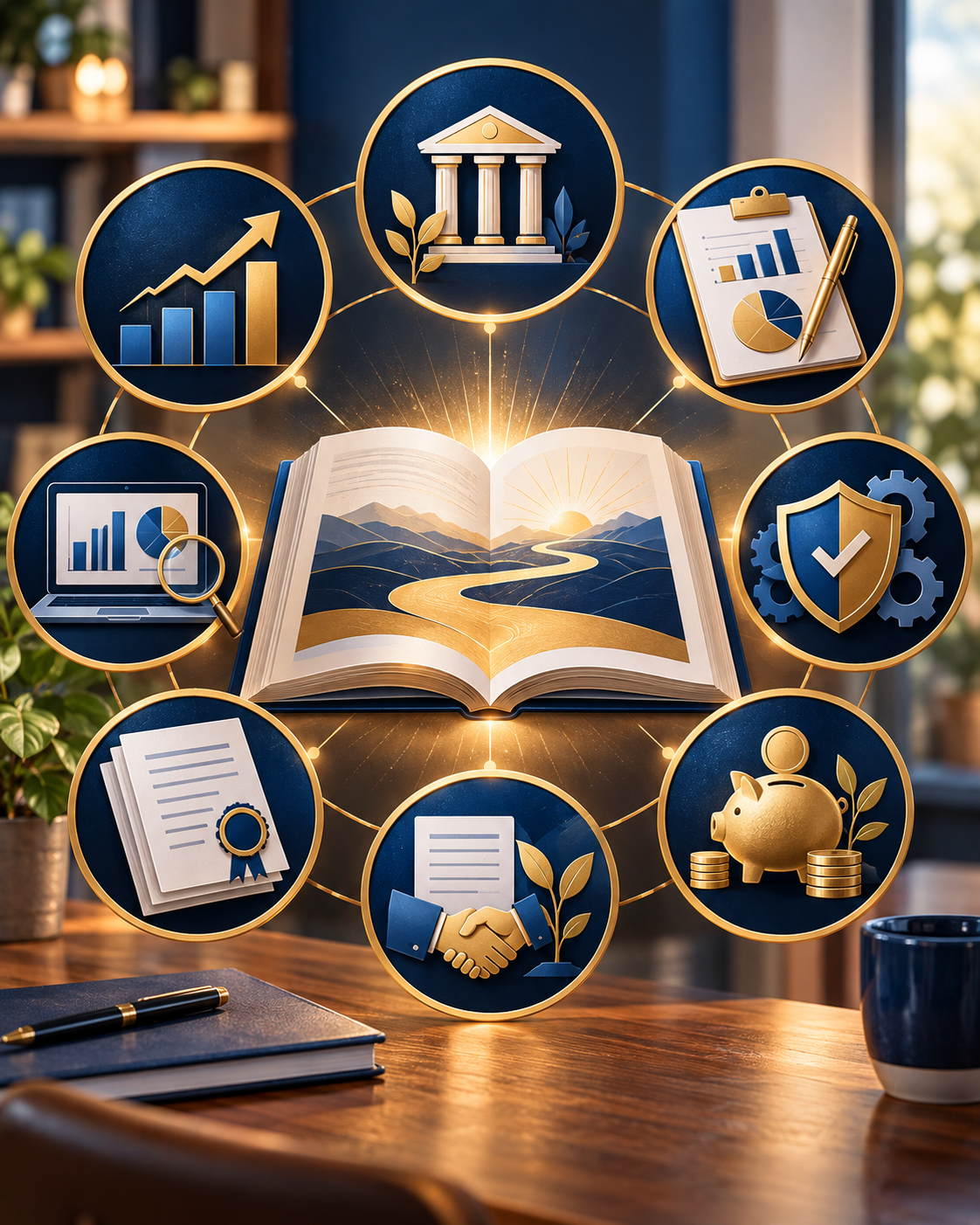 An open book surrounded by eight navy-and-gold symbols representing the core areas of nonprofit finance, including financial planning, reporting, grants, internal controls, and sustainability.