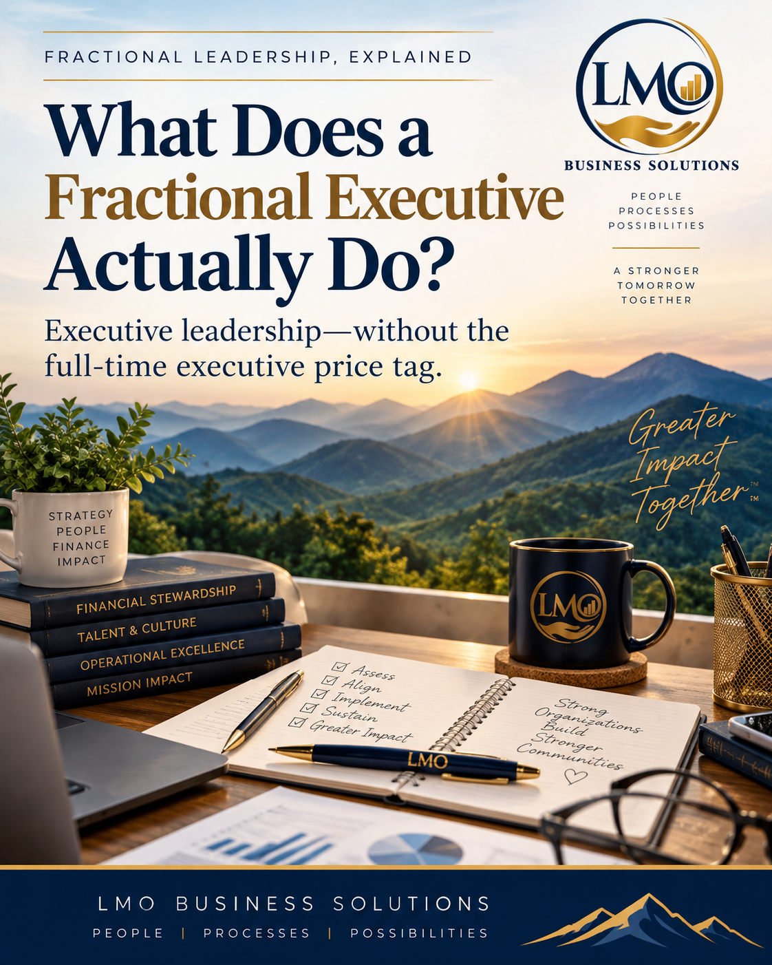 LMO Business Solutions graphic explaining fractional executive leadership with a mountain landscape and executive workspace.