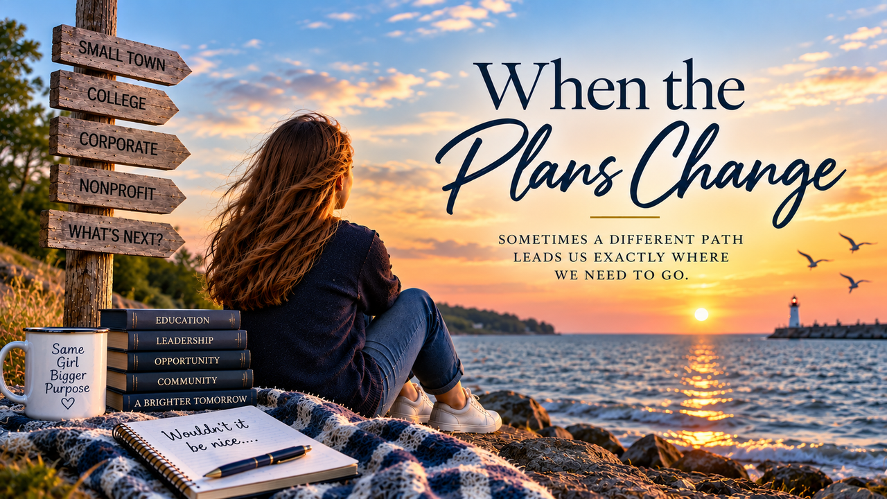 Woman overlooking Lake Erie at sunset beside signs representing changing life and career paths