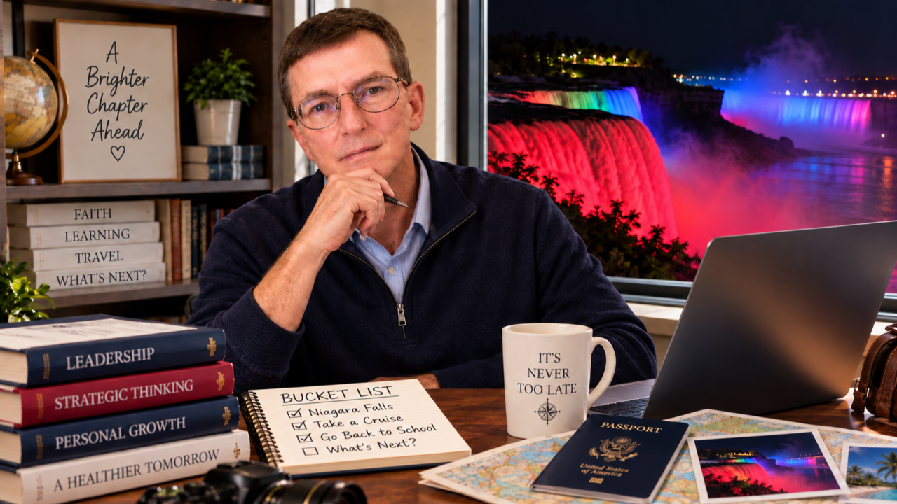Barry Frye studying at a desk with books, a laptop, passport and bucket list, with Niagara Falls illuminated at night in the background.