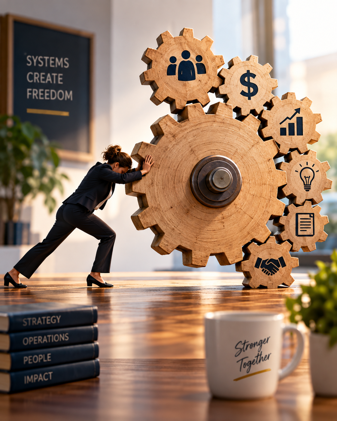 Business leader pushing an oversized gear connected to smaller organizational gears, illustrating the strain of relying on one person to keep systems moving.