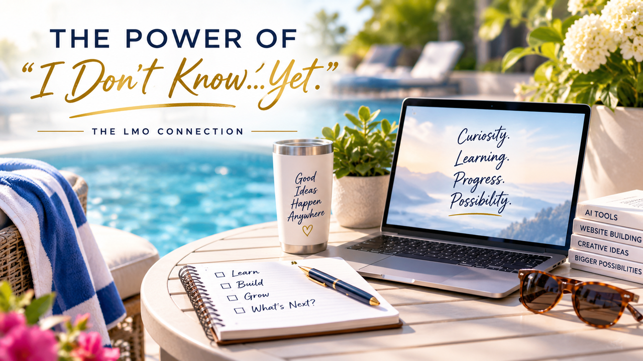 Poolside summer workspace representing curiosity, learning and possibility for The Power of “I Don’t Know...Yet.”