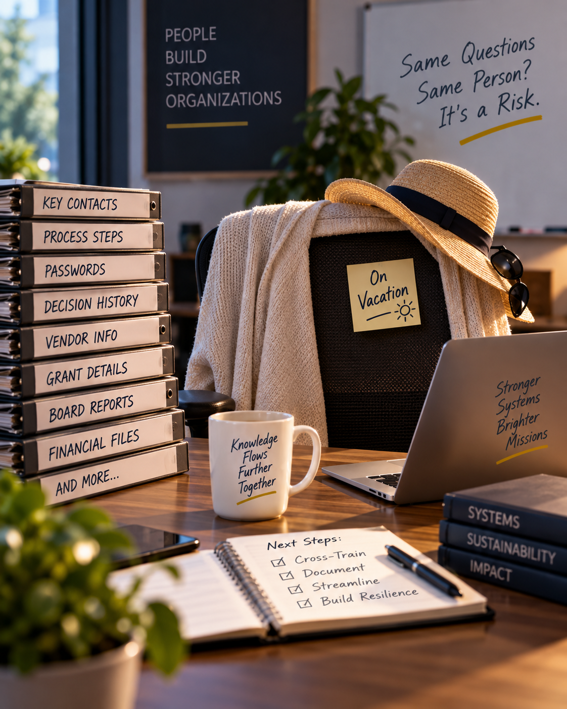 Empty office chair marked “On Vacation” beside binders of critical organizational information, illustrating the risk of knowledge and processes depending on one person.