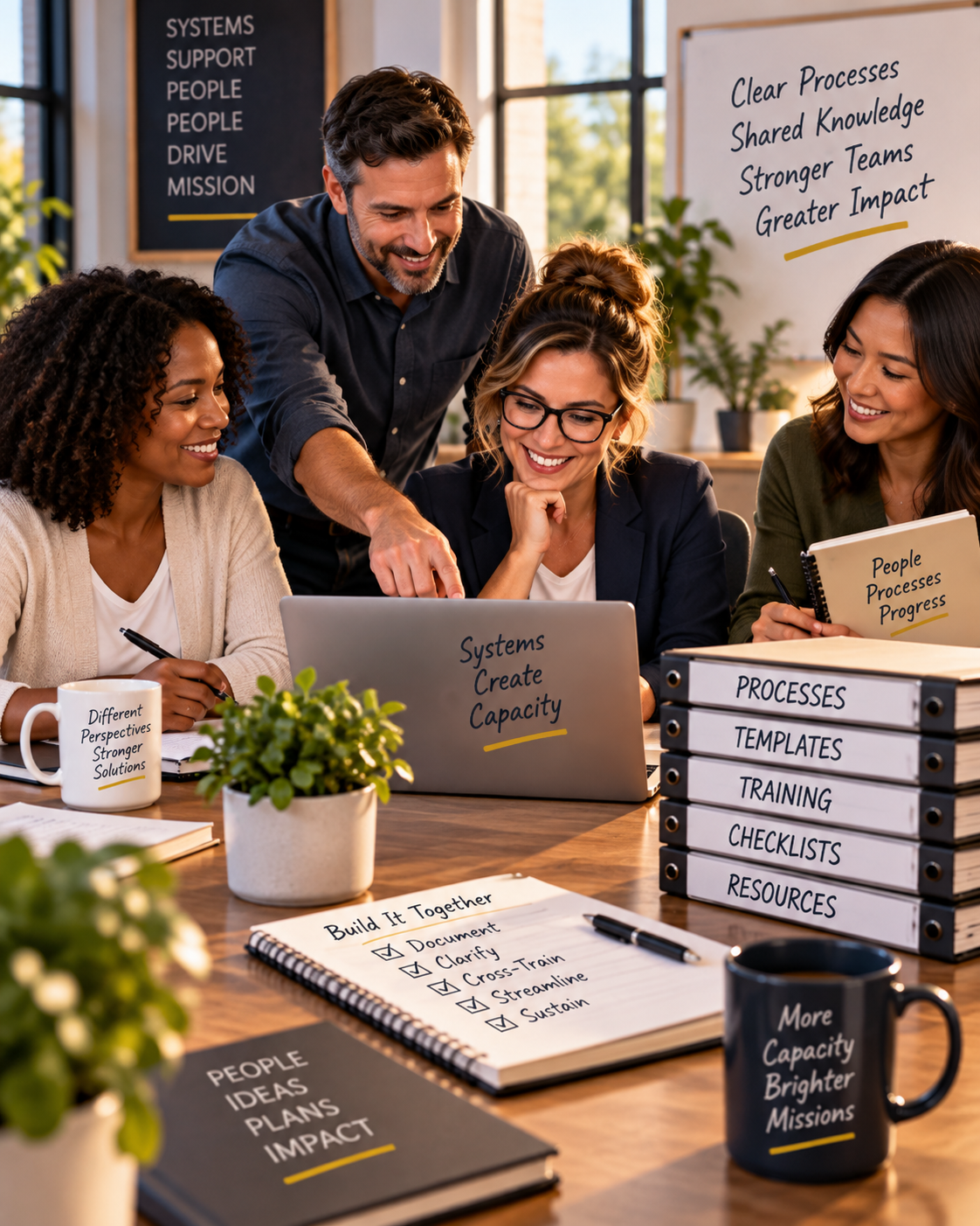 Team collaborating around shared processes, documentation, training, and resources, illustrating how strong systems create organizational capacity.