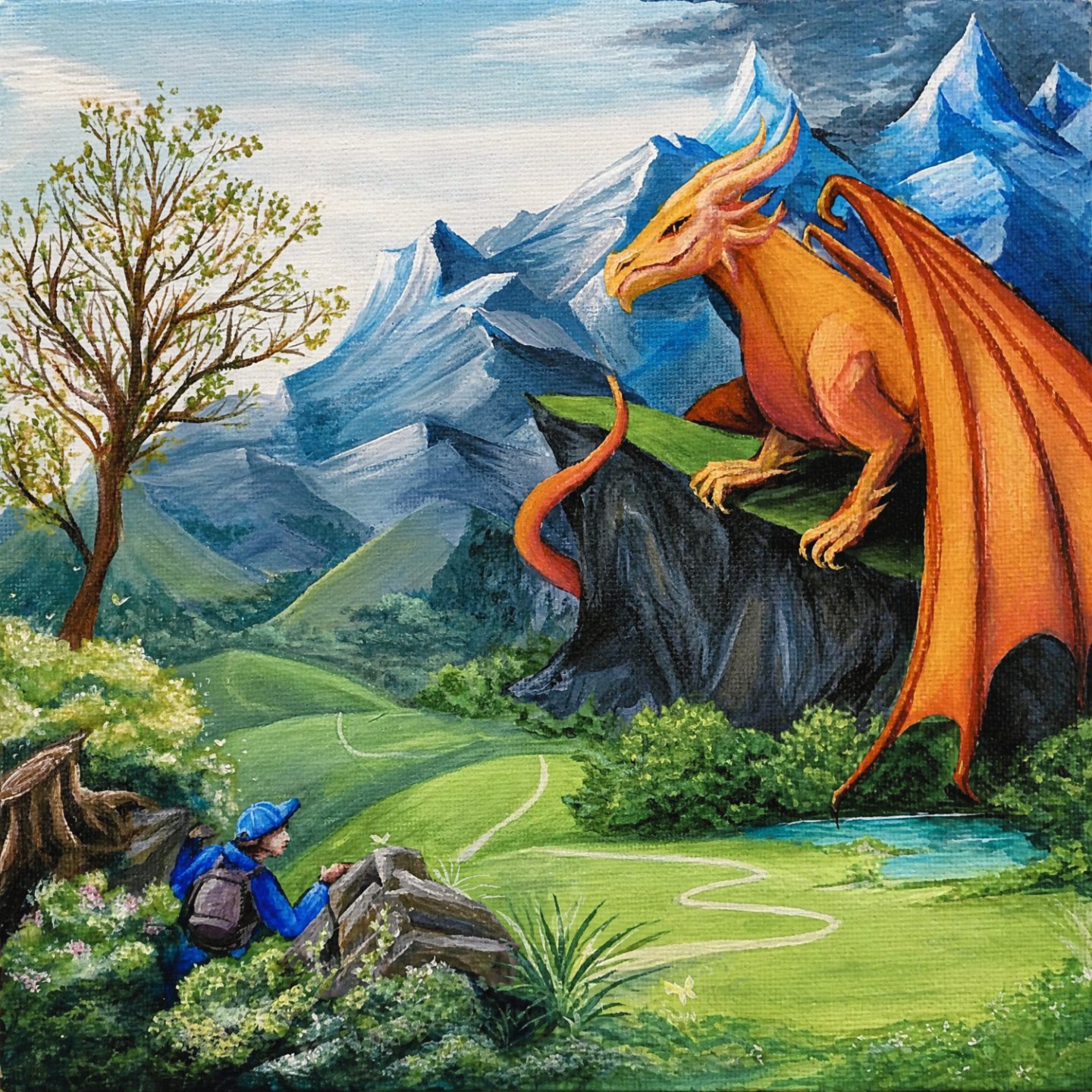A young adventurer facing a dragon in a mountain landscape, illustrated by Elena McLane.