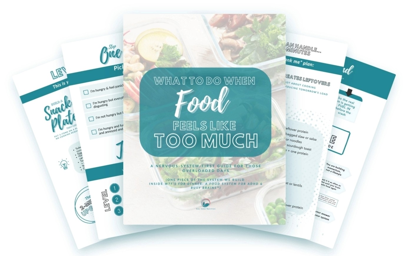 Pages from the free guide What To Do When Food Feels Like Too Much, fanned out