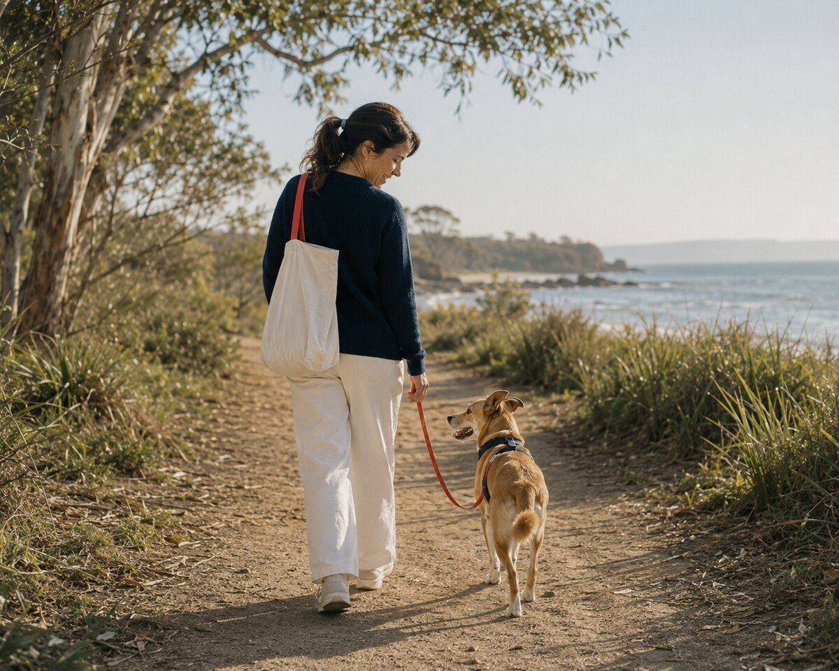 Dog and owner walking together along a coastal path