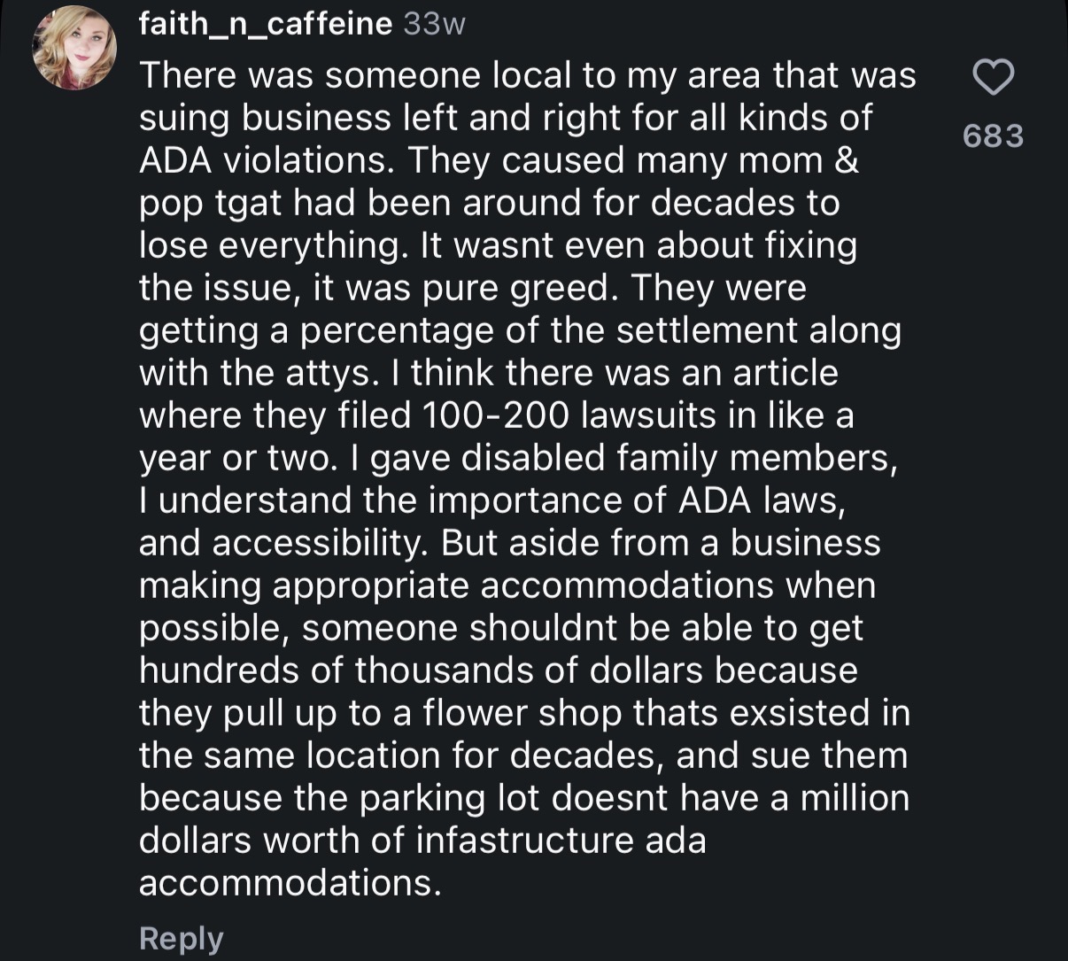 Instagram comment about serial ADA filers