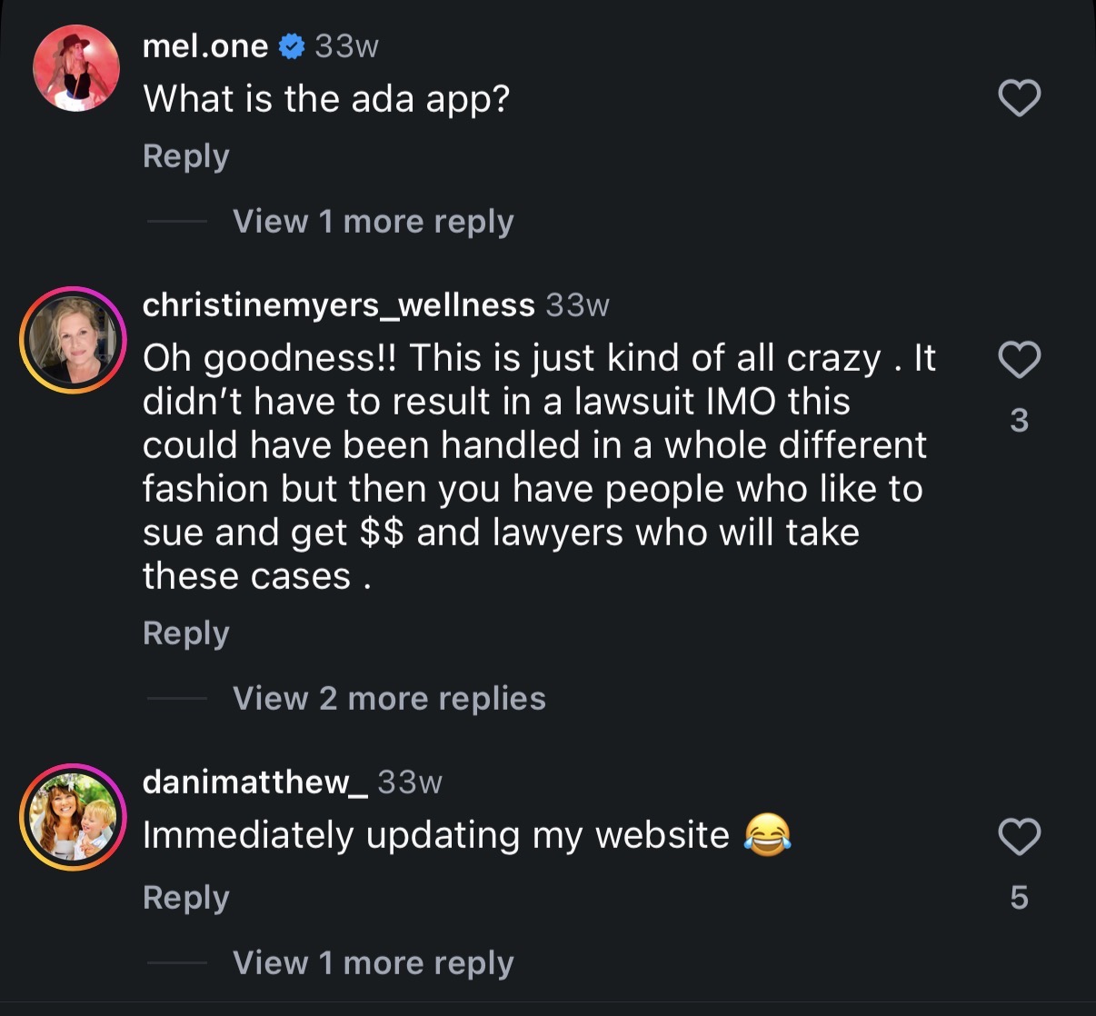 Instagram comment about ADA lawsuits against small businesses