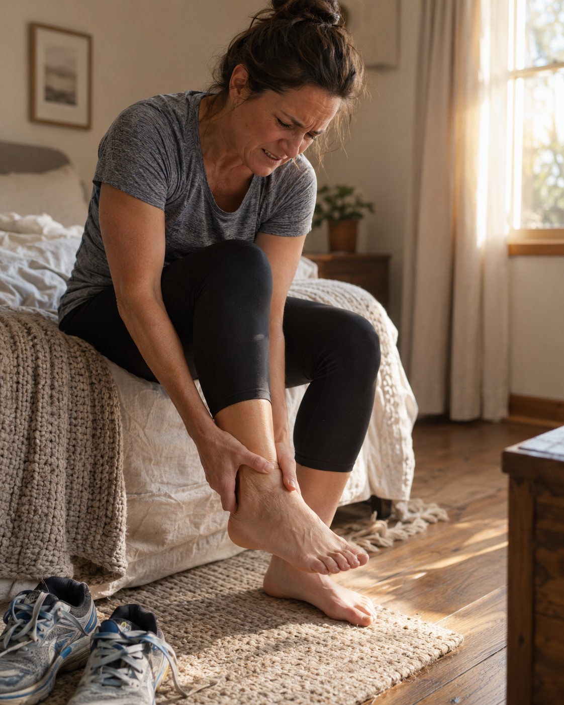 Active woman in her 40s sitting on the edge of her bed, wincing while gripping her sore heel