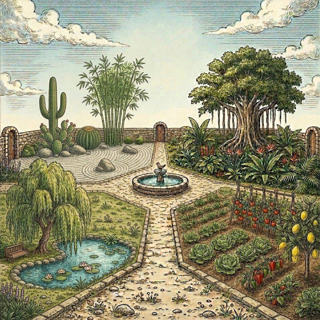 Un jardín amurallado con cuatro zonas: grava zen, selva, estanque con sauce y huerto