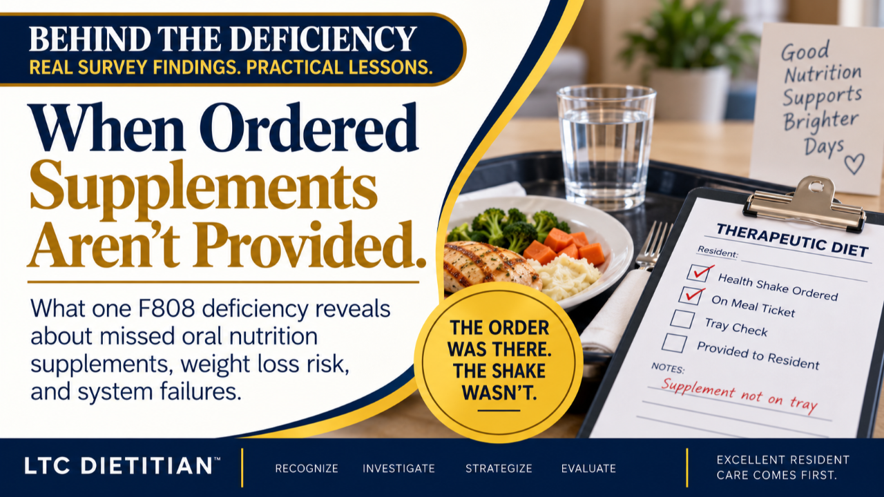 F808 therapeutic diet deficiency graphic showing an ordered nutrition supplement missing from a resident meal tray
