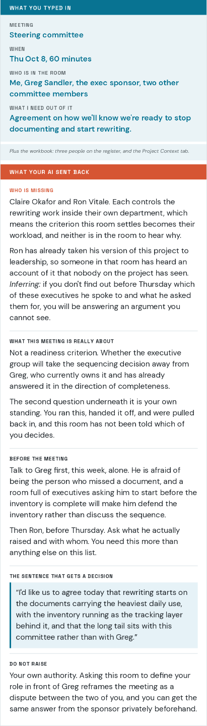 Sample meeting prep output from The 15-Minute Stakeholder Brief