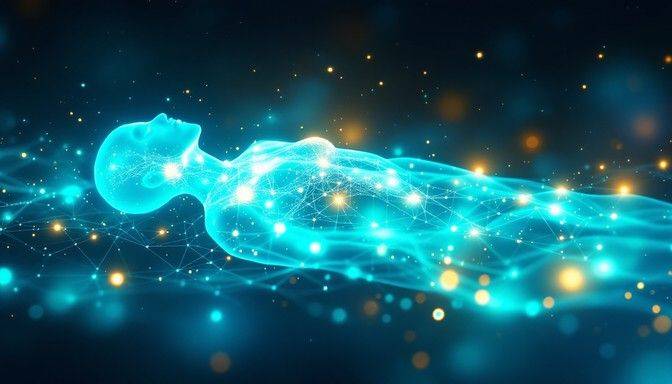 Glowing human figure surrounded by interconnected light points and blue energy patterns.