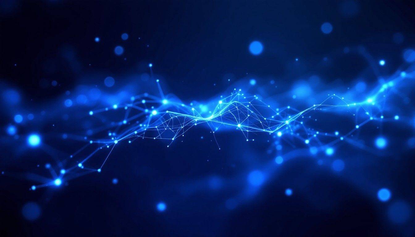 Abstract blue energy network with glowing points and connecting lines against a dark background.