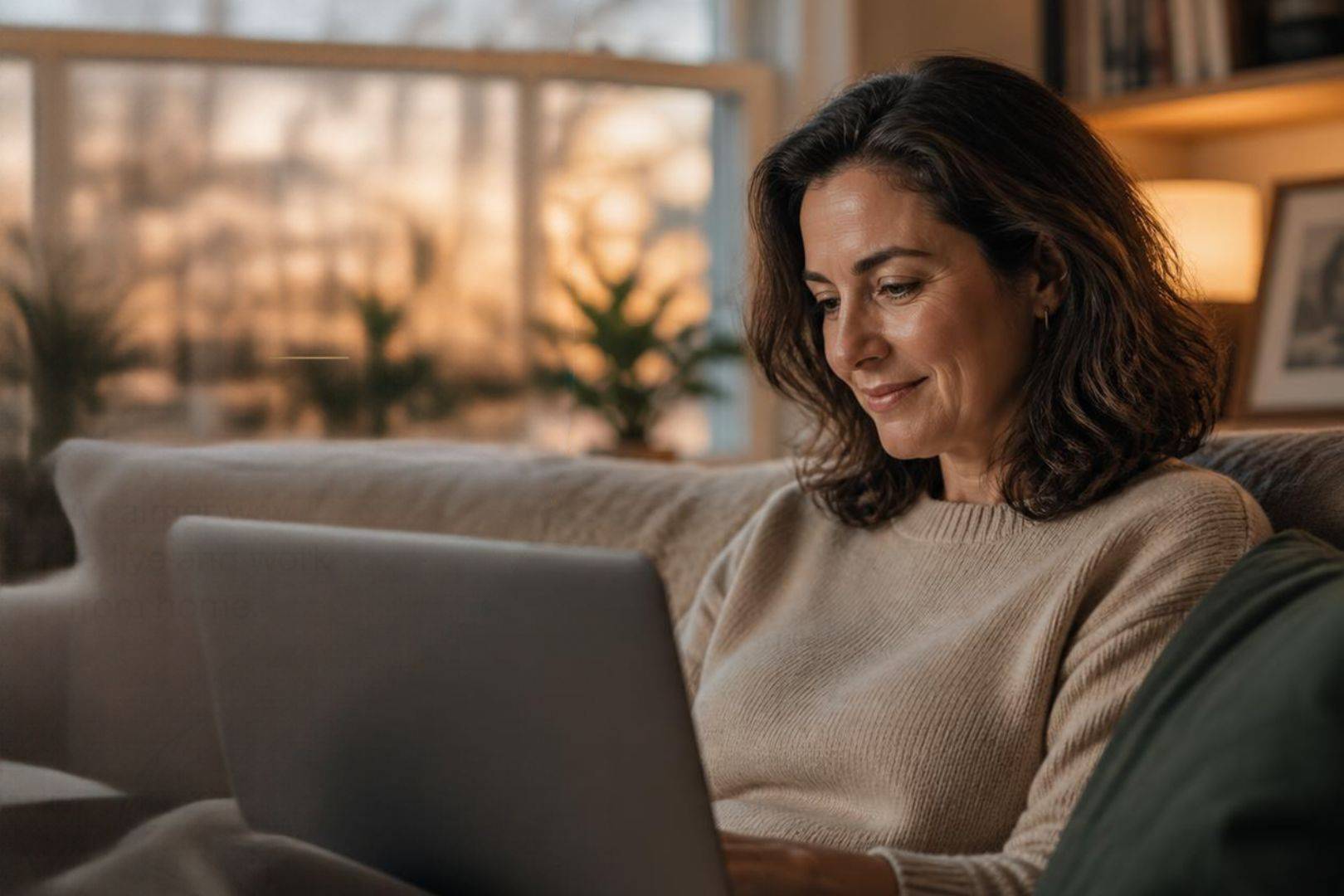 Woman sitting on couch on laptop