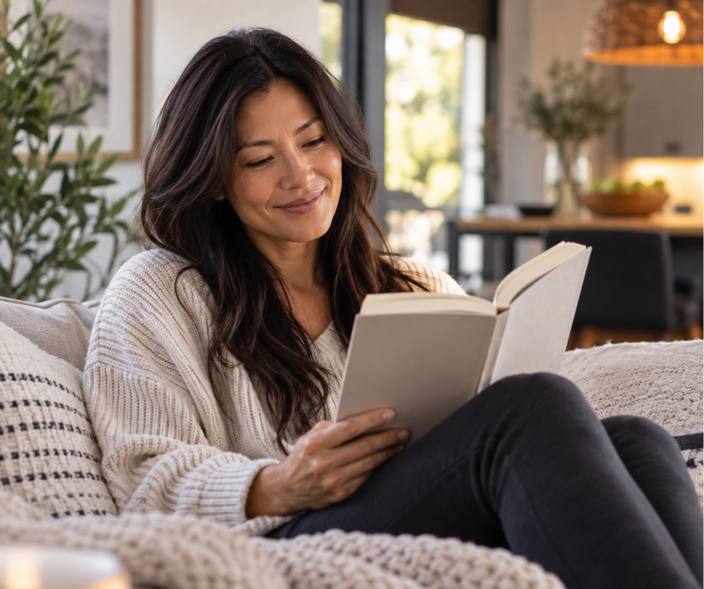 Cozy lady reading a book