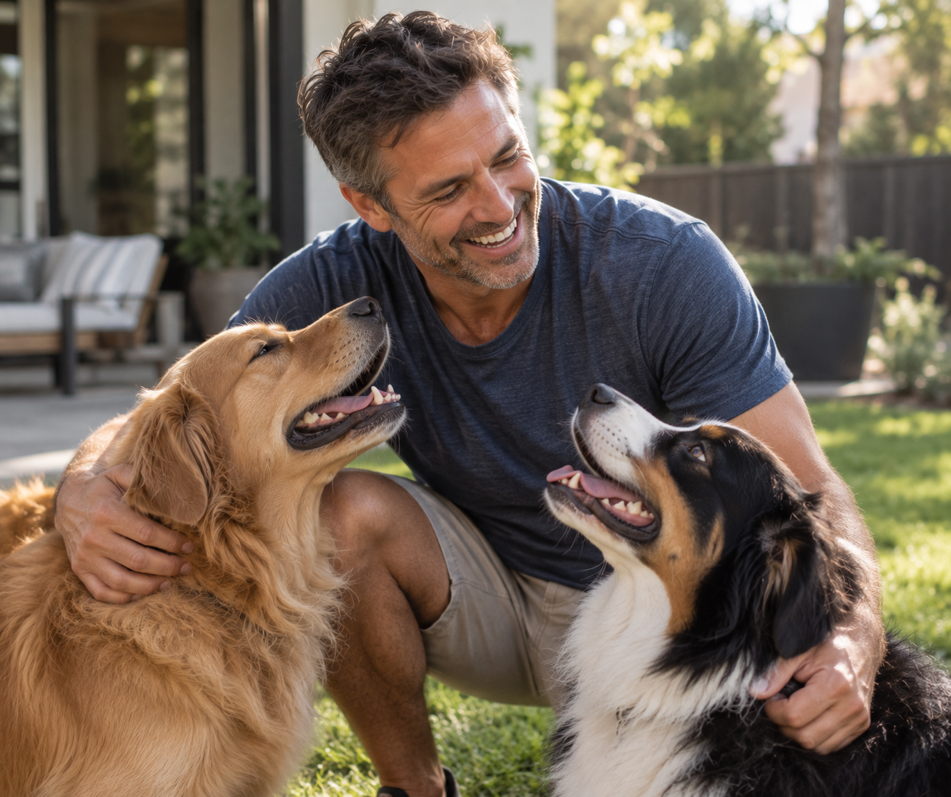Man playing with his dogs