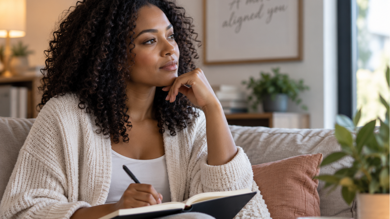 Woman journaling on a couch while reflecting on intuition and spiritual gifts.
