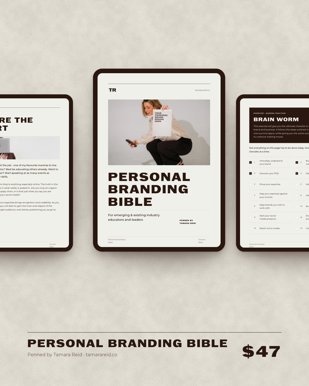 The Personal Branding Bible shown on tablet screens, penned by Tamara Reid, $47