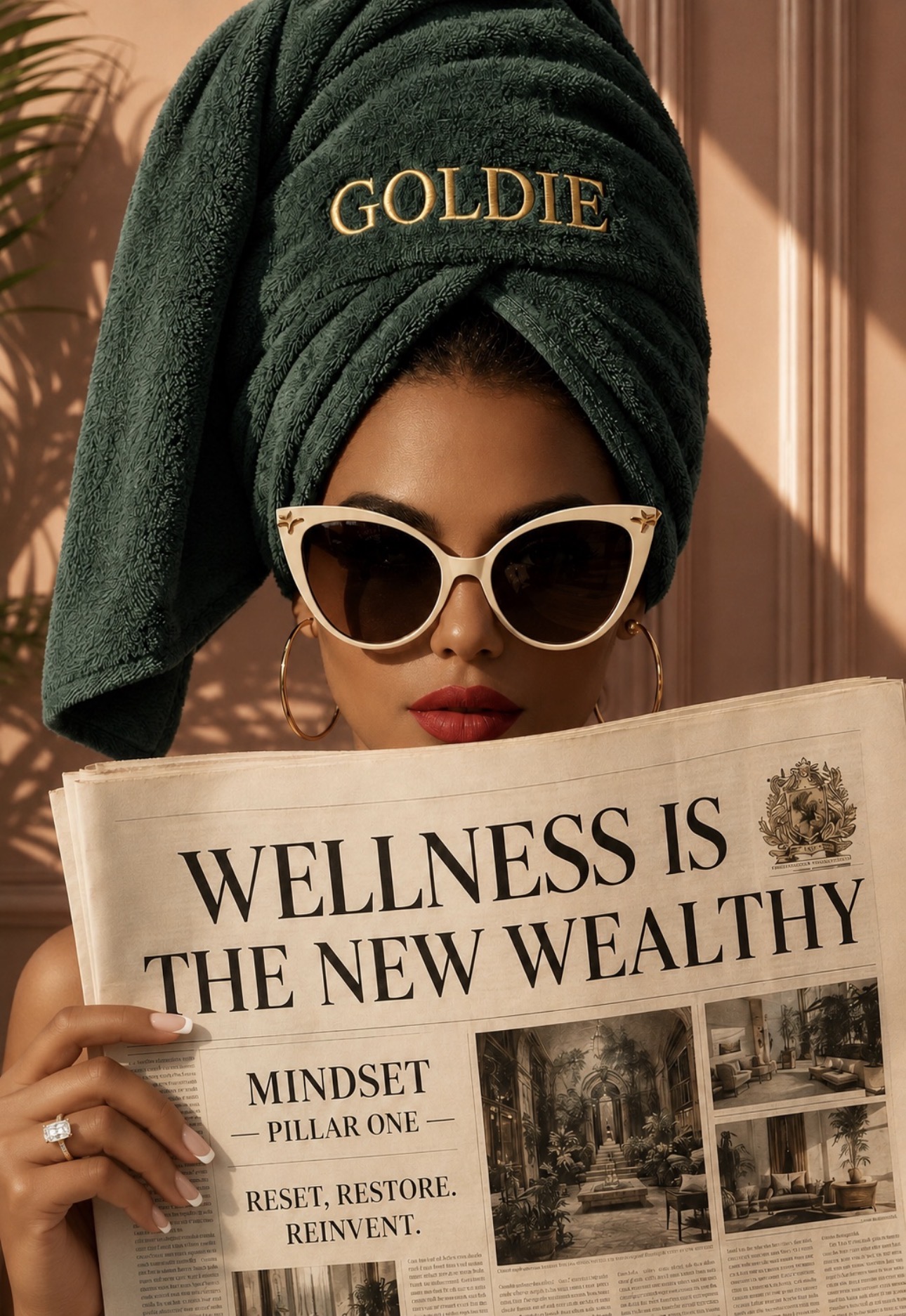 A poised woman wearing a deep green towel and sunglasses, holding a newspaper that reads Wellness Is The New Wealthy
