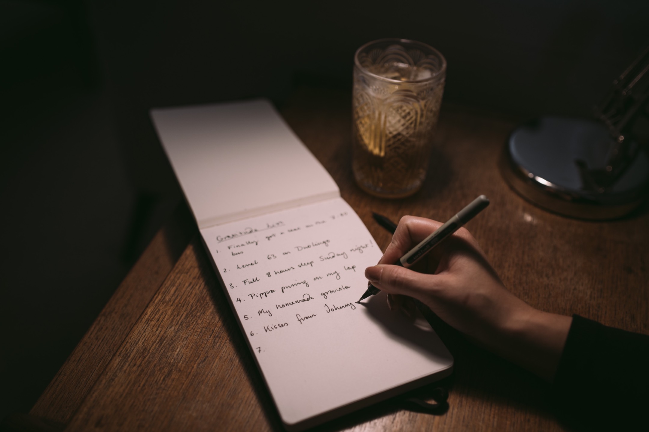 Writing a little list of good things by lamplight
