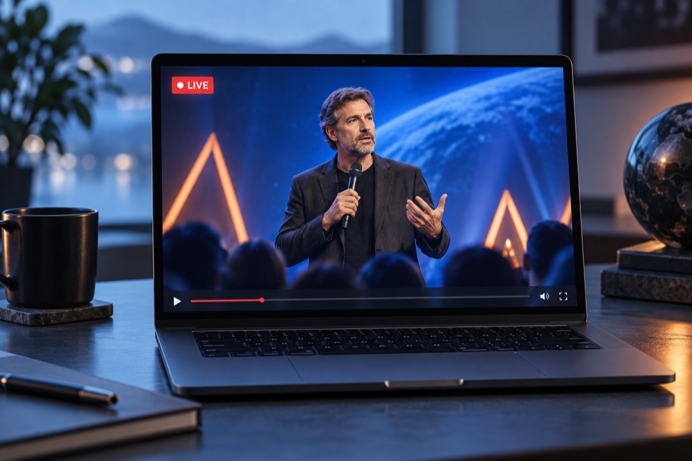 Illustration of a laptop showing a conference livestream