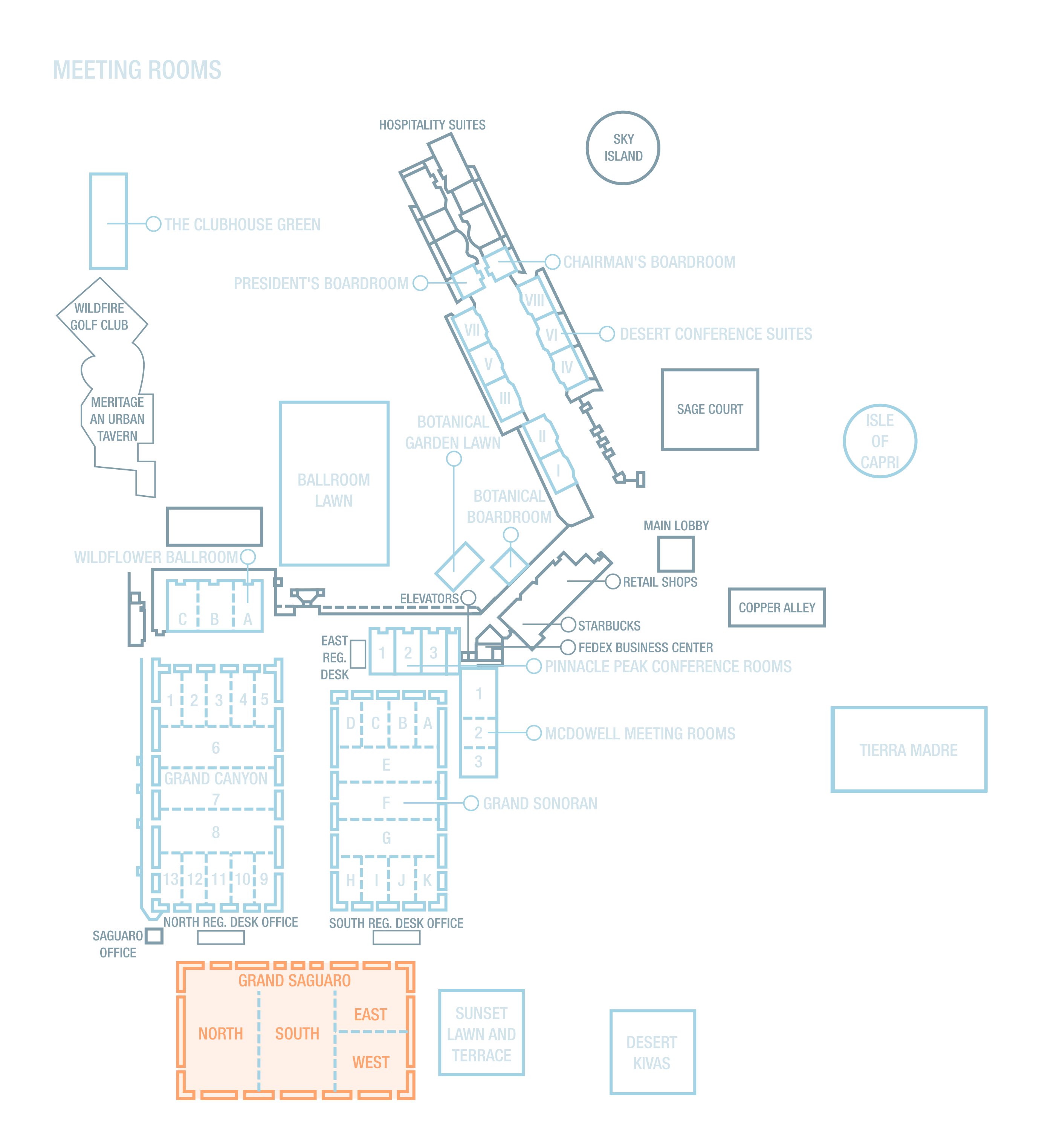 Full resort meeting-space plan showing Grand Canyon, Grand Sonoran, Wildflower Ballroom, conference rooms, lawns and terraces. Grand Saguaro is highlighted in orange near the bottom, beside Sunset Lawn and Terrace.
