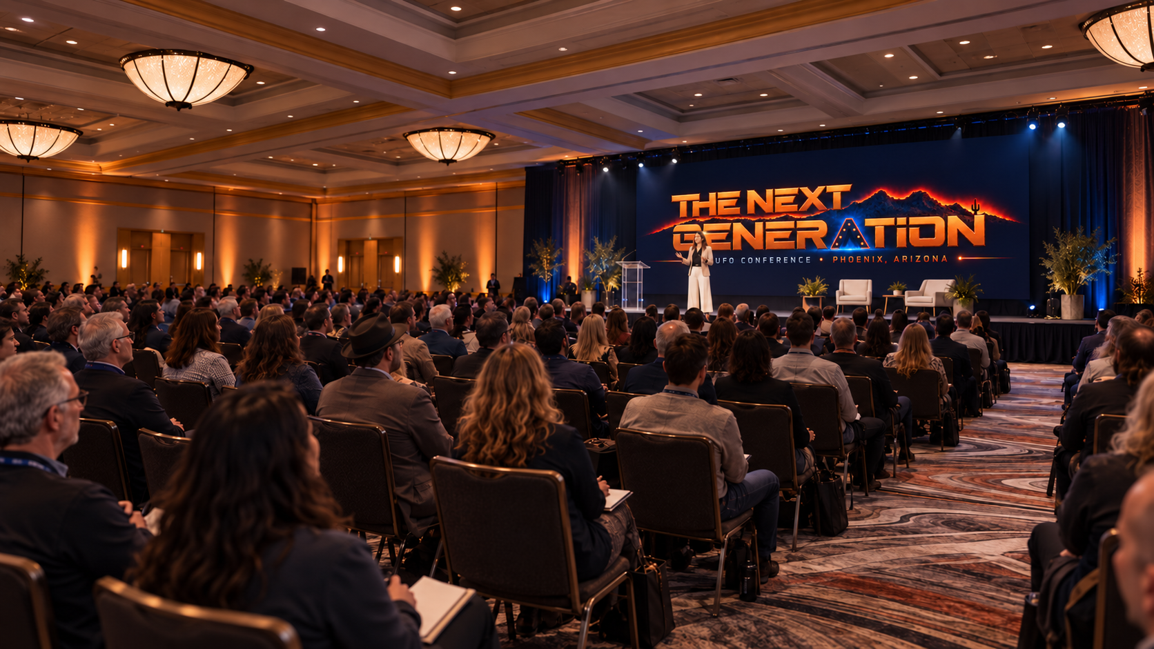 TNG event concept: an audience and speaker in the Grand Saguaro ballroom, with The Next Generation logo on stage.