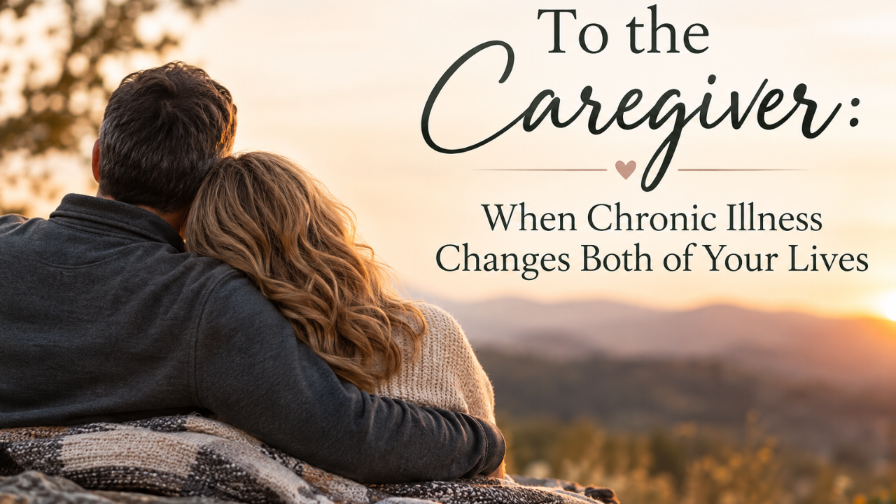 Husband and wife sitting together overlooking a peaceful landscape, representing love, caregiving, and support through chronic illness.